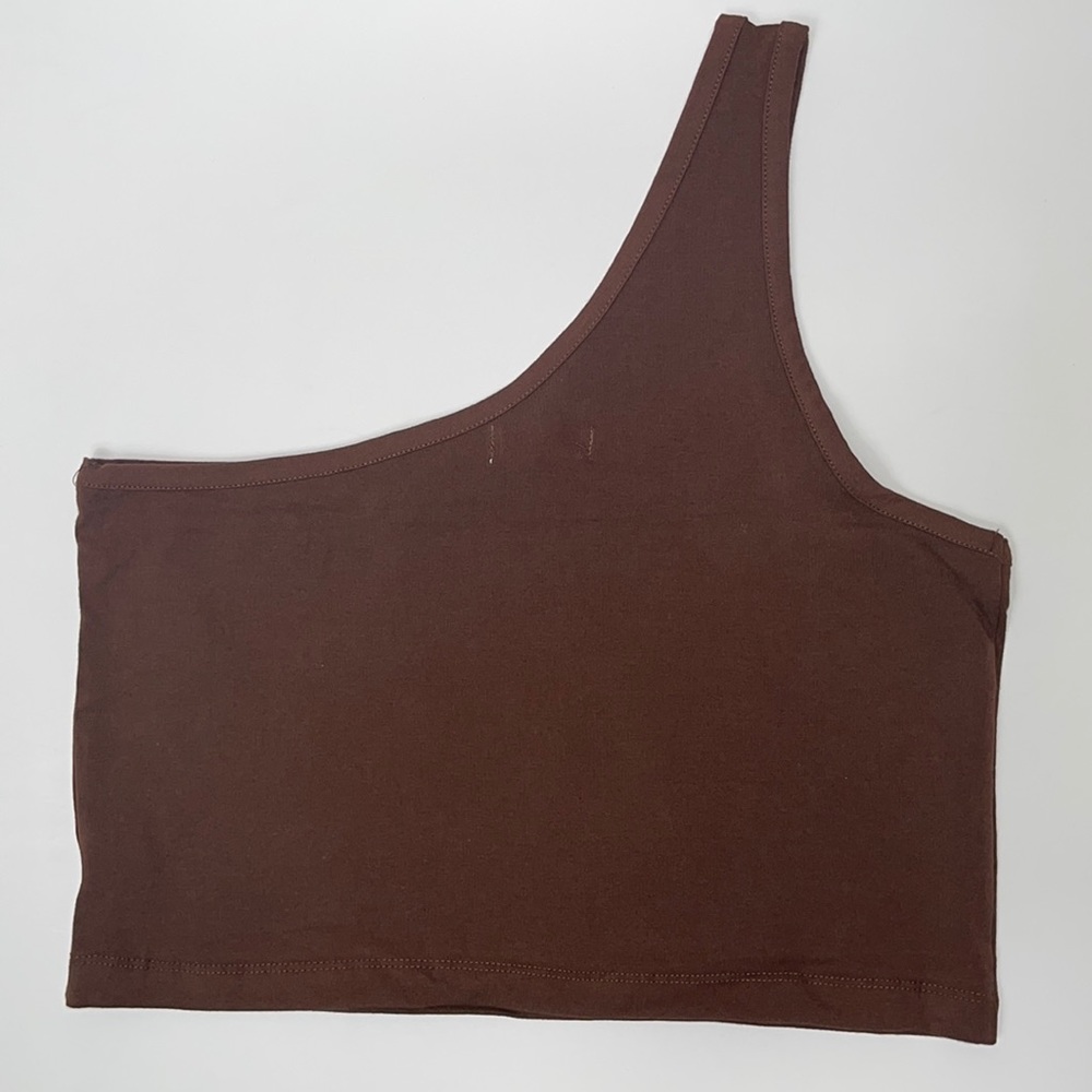 Brown One Shoulder Knit Tank Top Cropped Shirt Crop Sleeveless Summer Blouse Gym - Picture 4 of 17